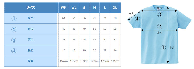 オリジナル Tシャツ_サイズ表